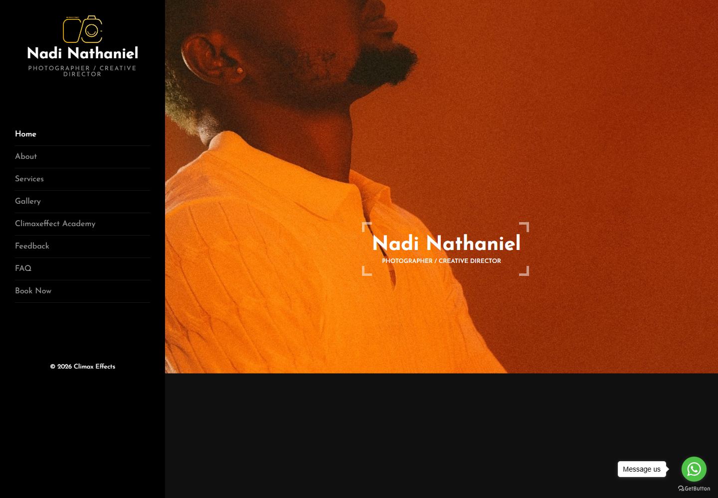 Climax Effects photography portfolio with a portrait and Nadi Nathaniel's creative director identity